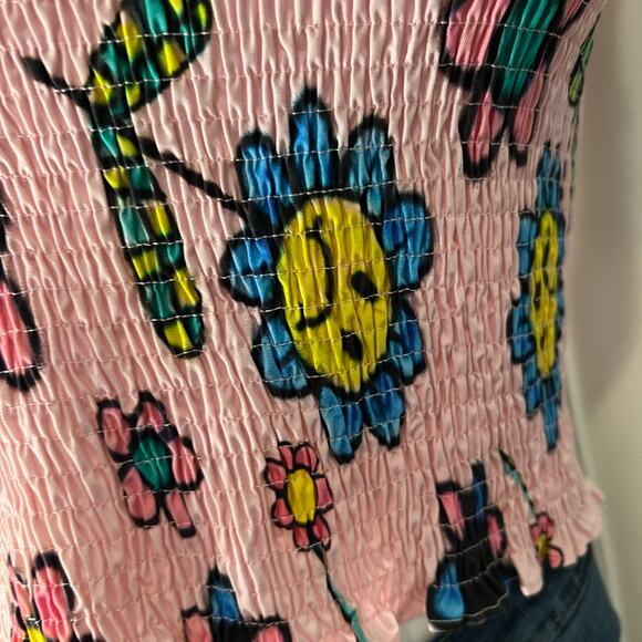 Lazy Oaf Pink Cropped Airbrush Flowers Shirred Tank Top, US 4 - Picture 6 of 7